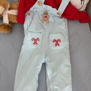 Blue Striped Gingerbread Kids Overalls